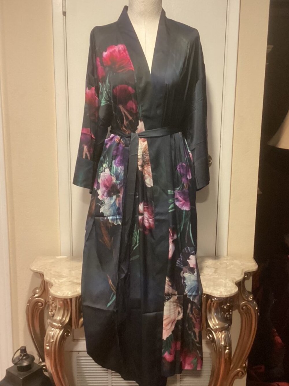 SOMA Fleur Ever Placement Navy Blue Floral Satin Long Robe L/XL NWT $99